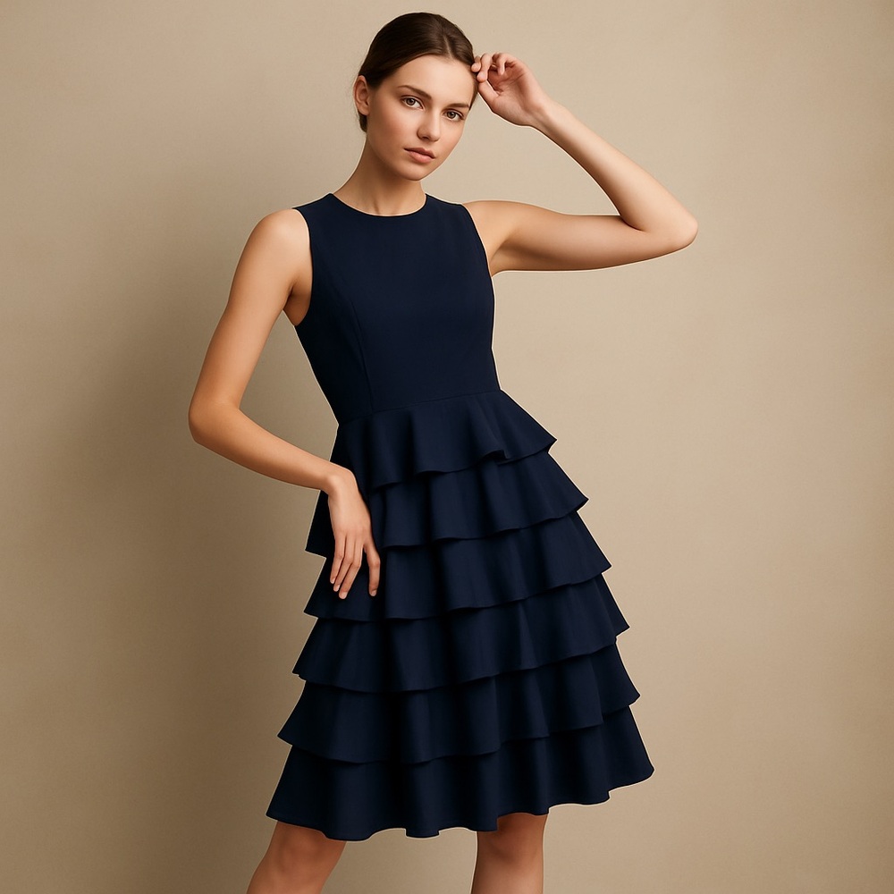 Orla Kiely Tiered Ruffle Dress | Dark Navy |Sleeveless Size 4